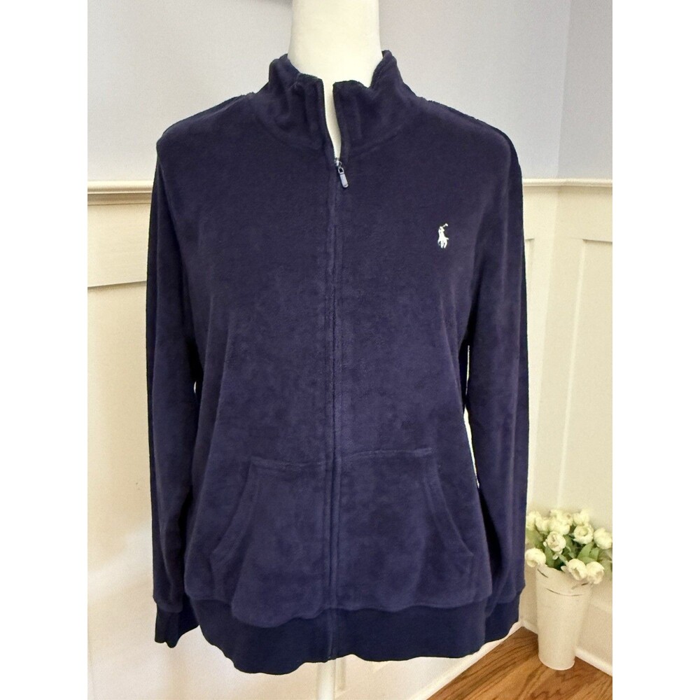 Ralph Lauren Terry Cloth Full Zip Track Jacket Navy Womens Size Medium EUC